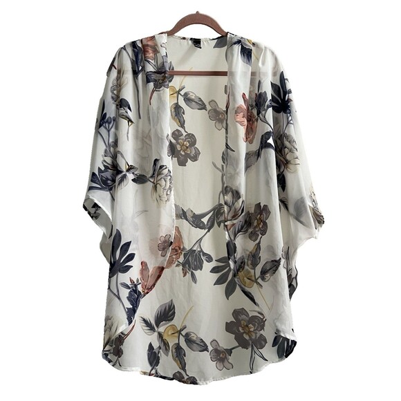 White Floral Kimono Robe Loungewear Open Front Size XL - Picture 1 of 5